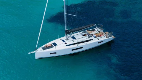 Sun Odyssey 455 at anchor, aerial