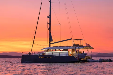 Tortue 147 at anchor at sunset