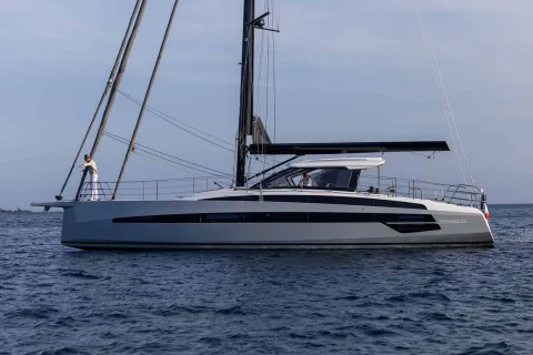 Wauquiez 55 under sail, stern quarter